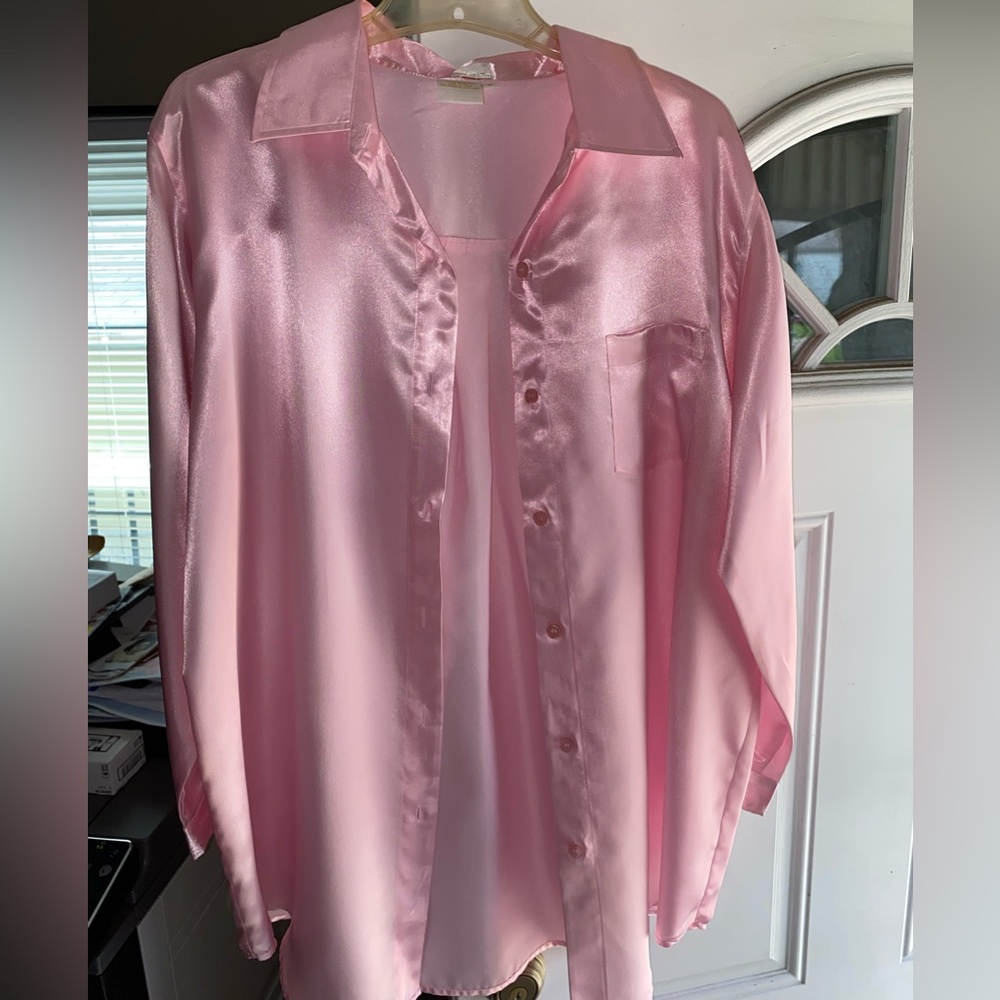 Roaman’s Sleepwear Long Sleeve Button down Shirt, Size M, Pink, 100% Polyester